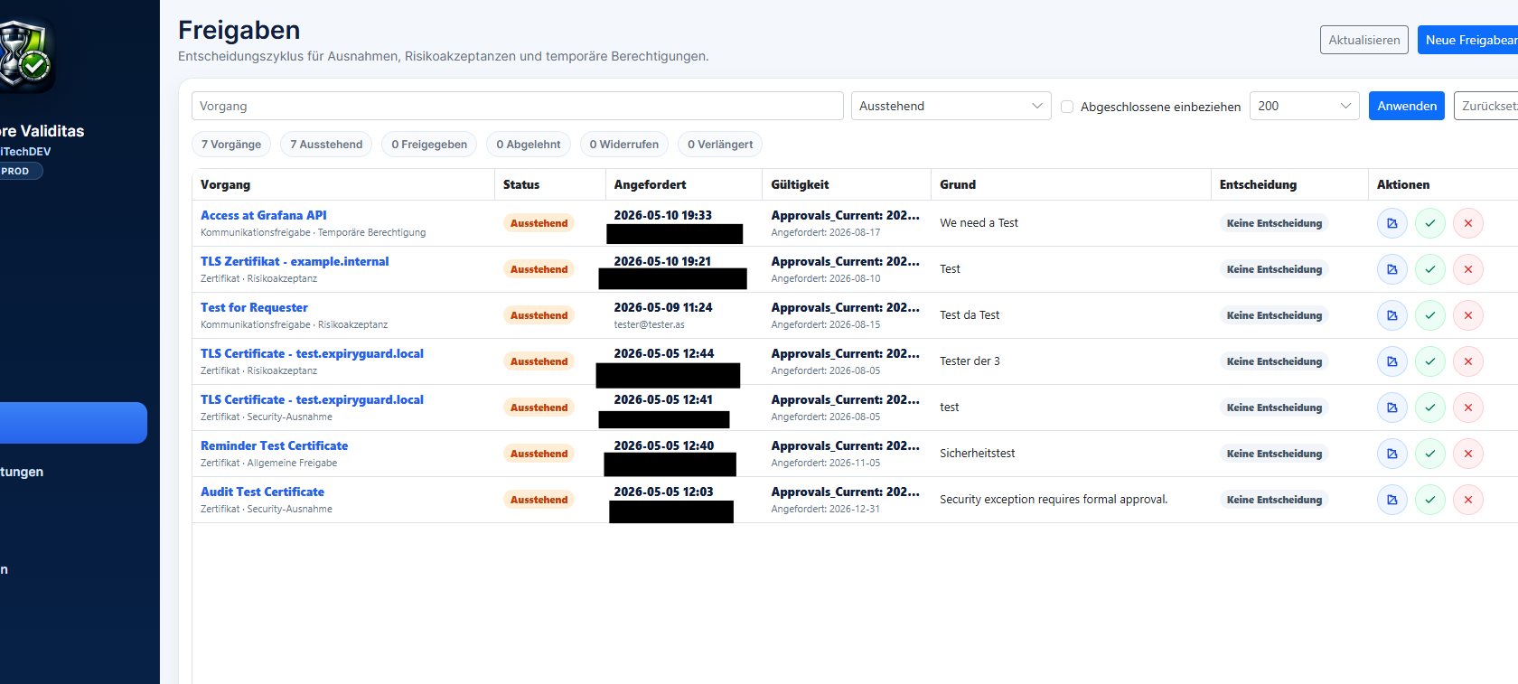 AsDiCore Validitas Freigaben Screenshot